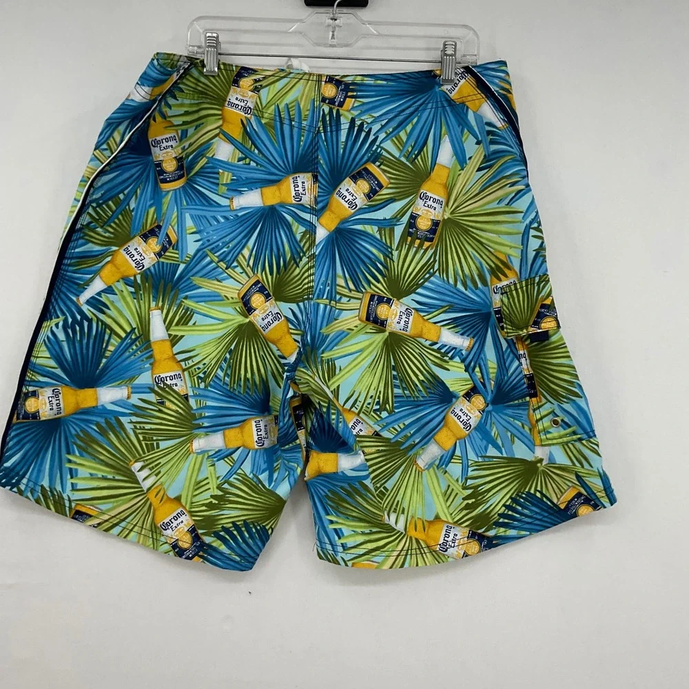 Corona Extra Mens Board Shorts Size 38 Blue Tropical Palm Beer Bottle Swim Trunk